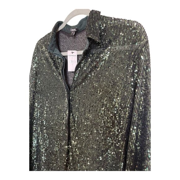 NWT Express Women’s Relaxed Portofino Green Sequin Button Up Shirt Medium - Picture 4 of 8